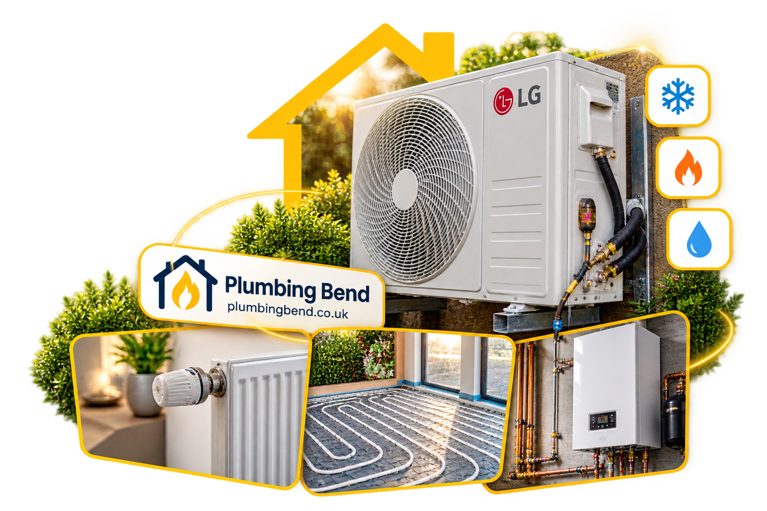 Outdoor air conditioning unit with radiator heating, underfloor heating and gas boiler systems representing Plumbing Bend services in Cheltenham.