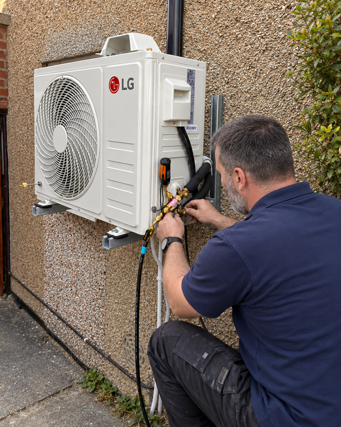 Igor Vasiljevic servicing an outdoor LG air conditioning unit in Cheltenham, checking pipework and connections during installation and maintenance work